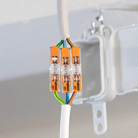 Lever Nut Inline Splice Wire Connector with Levers for all conductor types in use with transparent housing
