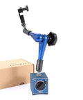 Heavy Duty Magnetic Base For Dial Indicators With 275mm Arm, 176 Lb Pull, Six Mm, Eight Mm, And Three Eighths Inch Clamping Holes, CNC Machined Bearing Steel Frame, Rock Solid Locking Arm, Model 7121 0025 magnetic indicator stand with blue arm and base