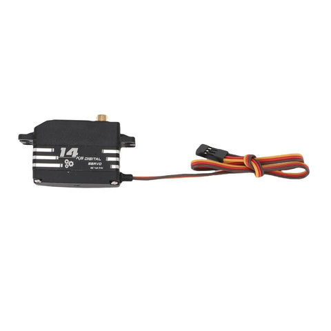 Heavy Duty Digital Servo Motor With 14kg Sick Torque And Fluid 180 Degree Rotation For RC Trucks Robots And Boats, side view with wire.