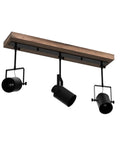 Three Light Farmhouse Track Lighting Fixture In Black Wood Finish With Industrial Adjustable Heads Ceiling Spotlight For Kitchen Living Room And Dining Room Sleek Modern Designer Look Easy Install on white background.