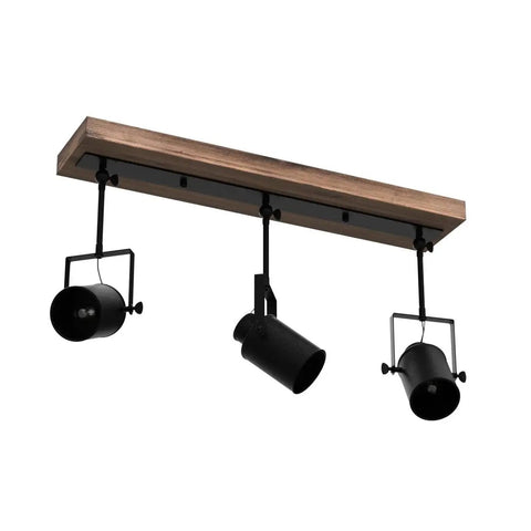Three Light Farmhouse Track Lighting Fixture In Black Wood Finish With Industrial Adjustable Heads Ceiling Spotlight For Kitchen Living Room And Dining Room Sleek Modern Designer Look Easy Install on white background.