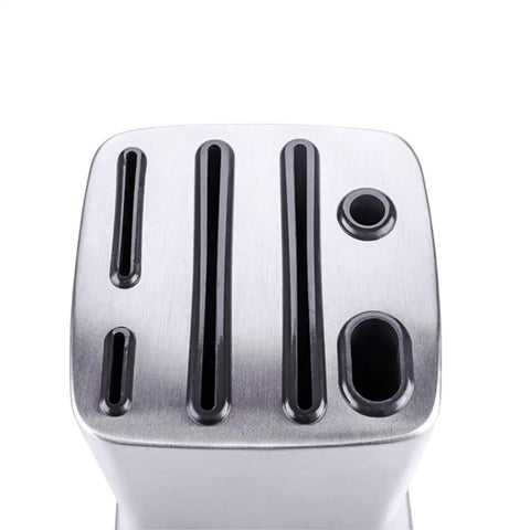 Top view of Six Slot Stainless Steel Kitchen Knife Block Holder With Tilted Slots And Angled Edges, anti skid non slip organizer