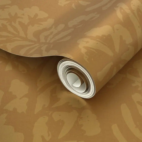 Rustic Floral Pink Gold Metallic Wallpaper With Fibrous Texture Pvc Free Wall Covering rolled and partially unwrapped.