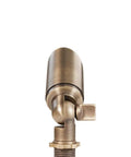 Close-up of Cast Brass 12V Mini Outdoor Spotlight For Low Voltage Landscape Lighting, bronze finish, showing light head and arm joint.