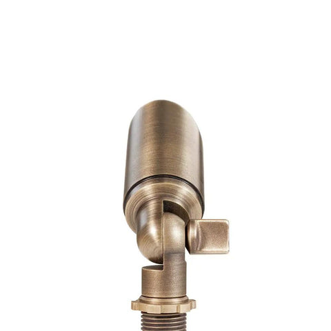 Close-up of Cast Brass 12V Mini Outdoor Spotlight For Low Voltage Landscape Lighting, bronze finish, showing light head and arm joint.