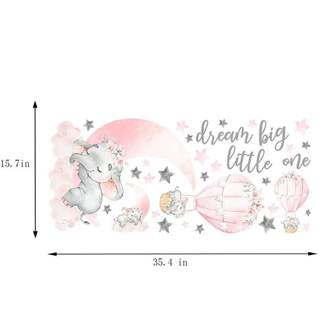 Whimsical Elephant Wall Stickers Set With Pink Moon And Grey Stars For Nursery And Kids Room, Hot Air Balloon Decor, 35x15 Inch
