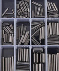 Close-up of 280 Piece Stainless Steel Slotted Spring Pin Kit with box, displaying pro grade dowel tension roll pins in compartments
