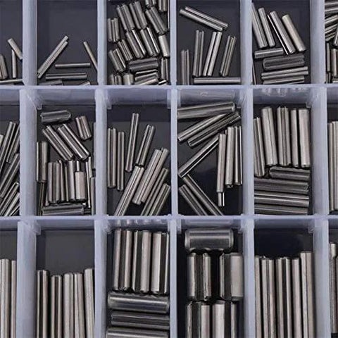 Close-up of 280 Piece Stainless Steel Slotted Spring Pin Kit with box, displaying pro grade dowel tension roll pins in compartments
