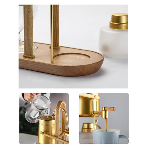 Premium Belgian Siphon Coffee Maker With Tempered Glass Globe Brewers on wooden base with gold accents and brewing accessories.