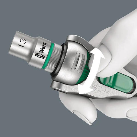 Close-up of Zyklop 8000A Five In One Pro Grade One Fourth Inch Drive Ratchet With Swivel Head showing operation.