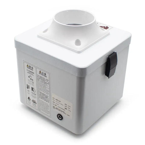 Compact Desktop Solder Fume Extractor With Dual Stage Air Purifier showing a square white base and top exhaust attachment.