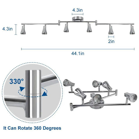 Dimensions and 360-degree rotation of Dope Four Light Track Lighting Kit With Flexible Rotatable Heads And Alabaster Glass Shades.