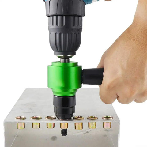 Transform Your Drill Into A Riveter With This Killer Adapter Kit Including Mandrels And Nuts For Effortless Fastening On Any Heavy Duty Project Right Now green metal drill riveter on sheet metal
