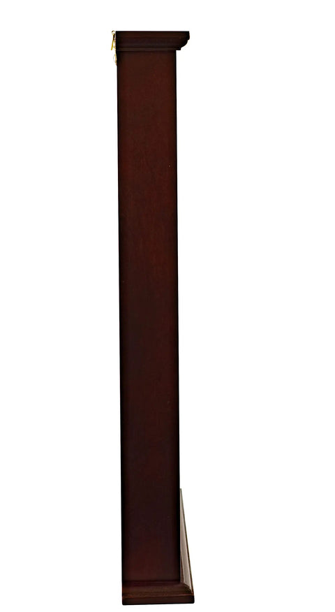 Side view of Mahogany Golf Ball Display Cabinet With Green Felt Backing And Brass Golfer Emblem Wall Mounted Display