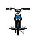 Front view of MX125 Dirt Rocket Electric Dirt Bike For Kids 7 Plus With Motocross Geometry in blue with 12-inch pneumatic tire.