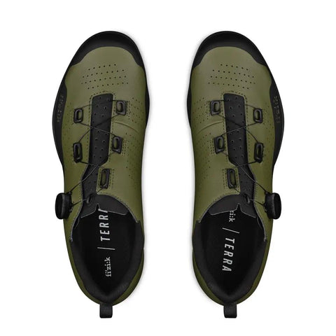 Top view of Terra Atlas All Terrain Gravel And MTB Boa Shoes For Off Road Pedaling Built For Downcountry Laps All Mountain Adventures And Backcountry Slashing Army Green Size 12.5