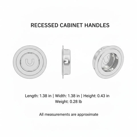 5 Pack Recessed Cabinet Pulls With 1.38 Inch Square Zinc Alloy Flush Mount Handles in silver, front and side views