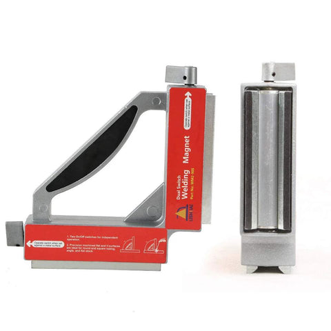 Front view of LISHUAI double-switch neodymium welding magnet clamp, red body with silver frame, 50 kgf