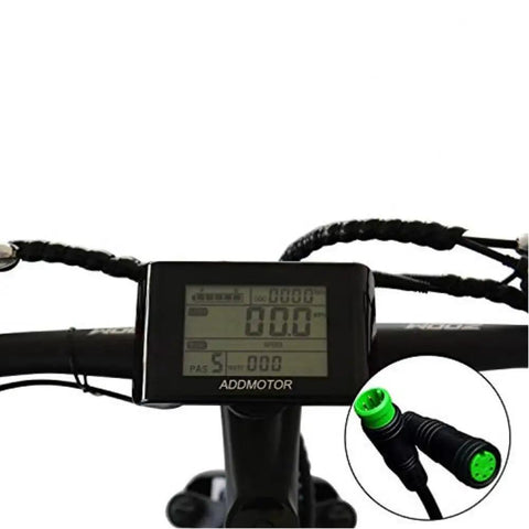48V Ebike LCD Display Meter Waterproof Speed Control Panel Screen for Electric Bicycles with 5 Pin Male Connector shown on handlebars