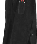 Side view of Heavy Duty Black Leather Welding Jacket Built Tough With Flame Retardant Split Cowhide Leather From Neck To Waist Full Coverage Protection From Flame And Spatter Durable Construction For Pro Welders Size Small