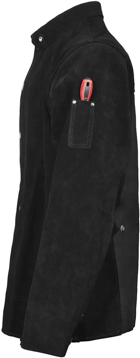 Side view of Heavy Duty Black Leather Welding Jacket Built Tough With Flame Retardant Split Cowhide Leather From Neck To Waist Full Coverage Protection From Flame And Spatter Durable Construction For Pro Welders Size Small