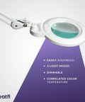 XL Bifocals 1200 Lumens LED Magnifying Lamp With Clamp, 6 inch lens and adjustable arm, showing light modes and features.