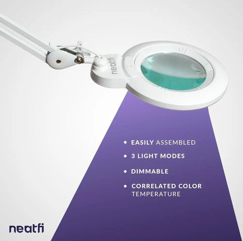 XL Bifocals 1200 Lumens LED Magnifying Lamp With Clamp, 6 inch lens and adjustable arm, showing light modes and features.