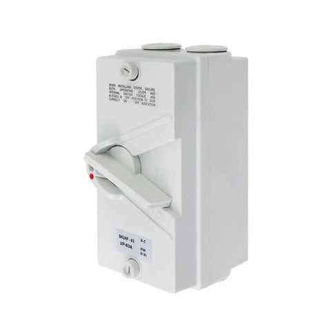 IP66 Waterproof Enclosed Motor Disconnect Switch 63A 2 Pole 220V For Indoor Outdoor Use, Weatherproof ABS Enclosure, Corrosion Resistant, High Temperature Tolerant, UV Protective, Built Tough. White ABS enclosure with 63A 2-pole lever switch