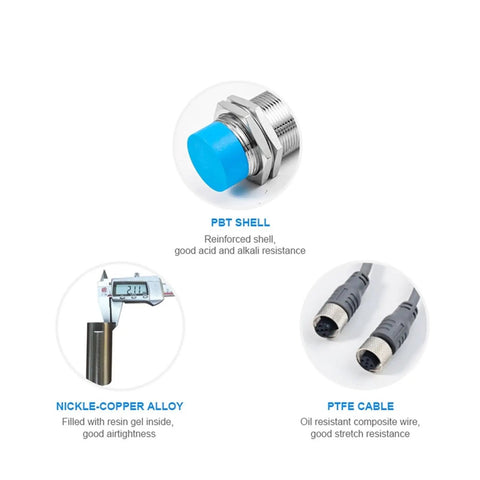 Heavy Duty M30 Inductive Proximity Sensor Switch with PBT shell, nickel-copper alloy, and PTFE cable, 12V-24V DC, IP66 weatherproof