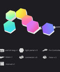 Hexagon LED Wall Lights For Gaming Room Decor 16M Color RGB Mood Lighting With Music Sync App Control Alexa And Google Compatible 6 Pack Pro Wall Lights for table setup with accessories.