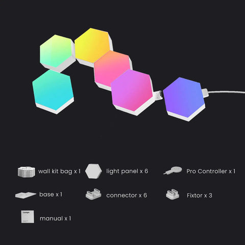 Hexagon LED Wall Lights For Gaming Room Decor 16M Color RGB Mood Lighting With Music Sync App Control Alexa And Google Compatible 6 Pack Pro Wall Lights for table setup with accessories.