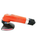 Heavy Duty Pneumatic Angle Grinder With Quick Change Sander Pad For Metal Grinding Deburring And Polishing Applications side view with black sanding pad.
