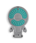 Calming Baby Sleep Aid With 6 Soothing Vibration Modes And Red Night Light, underside view, compact gray and turquoise unit.