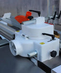Pro Level Woodworking Combination Machine Featuring Sliding Table Saw Planer Jointer And Wall Mounted Storage Rack Built Tough close-up of slider saw adjustment handle.