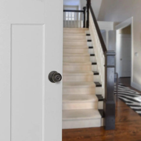 Exterior Door Knob With Lock Matte Black, Classic Vibe, Easy Install, Brass Body With Steel Core, Adjustable Latch From Two Three Eighths To Two Three Fourths Inches, Includes Two Brass Keys, KW1 Keyway, Rounded Faceplate And Strike, Zinc Alloy Latch