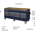 Badass 72 Inch Wide Mobile Workbench Tool Chest With Solid Wood Top Integrated Power Strip And 18 Hella Spacious Drawers for garage use.