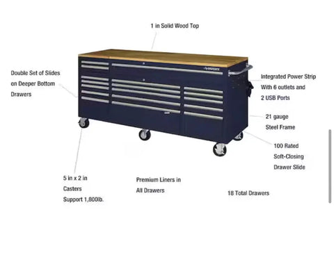 Badass 72 Inch Wide Mobile Workbench Tool Chest With Solid Wood Top Integrated Power Strip And 18 Hella Spacious Drawers for garage use.