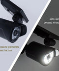 Solar Motion Sensor Flood Light With 8 LEDs And 500 Lumen Output, side view showing daylight shutdown and night activation modes.