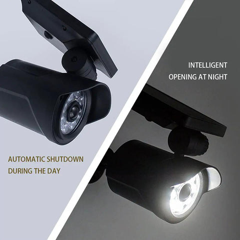 Solar Motion Sensor Flood Light With 8 LEDs And 500 Lumen Output, side view showing daylight shutdown and night activation modes.