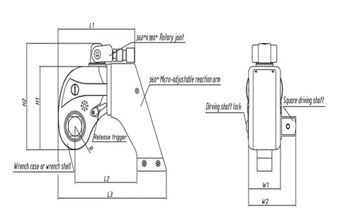 Heavy Duty Hydraulic Torque Wrench One Point Five Inch Square Drive 742 To 7420 Nm Range technical drawing with dimensions.