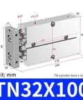 Dual Axis Pneumatic Cylinder With Dual Rods, 1-1/4 Inch Bore, 4 Inch Stroke, aluminum body, Model TN32-100, PT1/8 ports, technical diagram