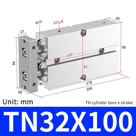Dual Axis Pneumatic Cylinder With Dual Rods, 1-1/4 Inch Bore, 4 Inch Stroke, aluminum body, Model TN32-100, PT1/8 ports, technical diagram