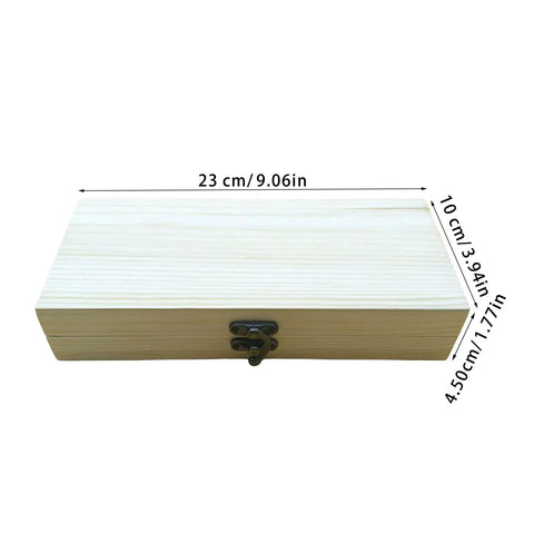 Wooden box for Pro Grade Metal Watch Repair Kit With Mainspring Winder, 23x10x4.5 cm, closed view.