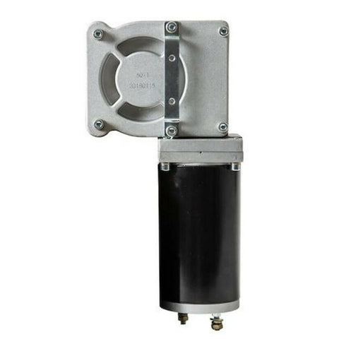 Front view of tarp gear motor 900W/90:1 with silver gearbox on top of a black cylindrical motor