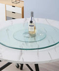 Heavy Duty 43 Inch Lazy Susan Turntable Smooth 360 Rotating Tempered Glass Dining Table Serving Tray on a marble table.