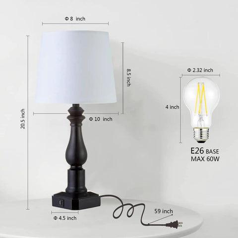 Rustic 3 Way Touch Control Table Lamps Set Of 2 With Dual USB Ports, black resin and white shade, includes bulb dimensions.