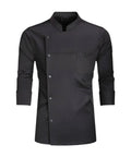 Heavy Duty Chef Coat With Chest And Sleeve Pocket Plus Hella Breathable Fabric That Keeps You Cool In The Heat Top Drawer Restaurant Cook Uniform in black color.