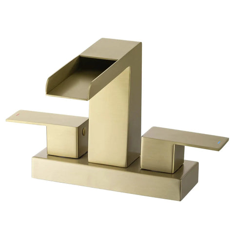 4 Inch Centerset Bathroom Waterfall Faucet With Two Handles For 3-Hole Lavatory Vanity, Brushed Gold Finish
