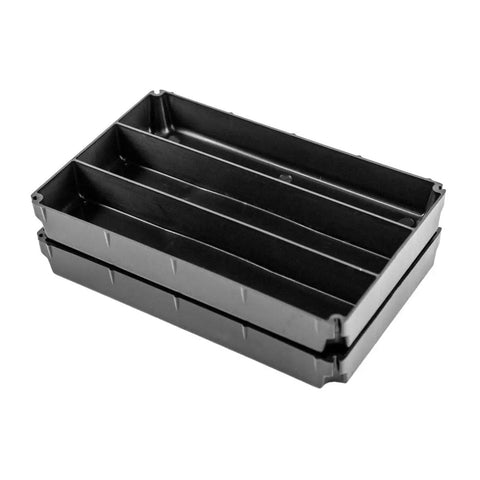 TracPak Tray 1x3 Half Depth 2-Pack For Stackable Storage Boxes, Floating Tray System with 3-Compartment Inserts, black plastic design