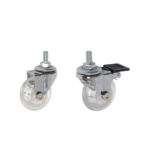 Close-up of 4 Pack 2 Inch PU Transparent Crystal Stem Casters with brakes, showing the flat brake design for furniture.